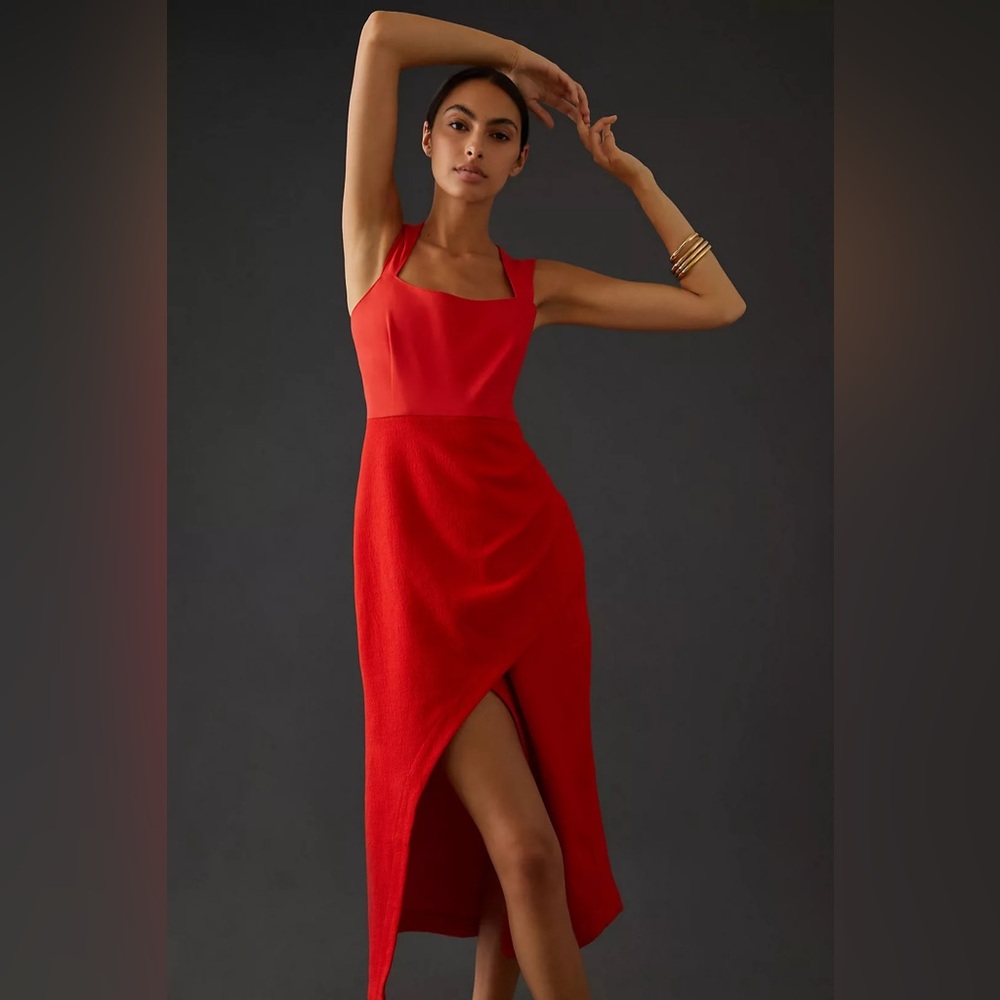 Anthropologie Maeve Squareneck Red Maxi Dress With Back Cutout And Front Slit